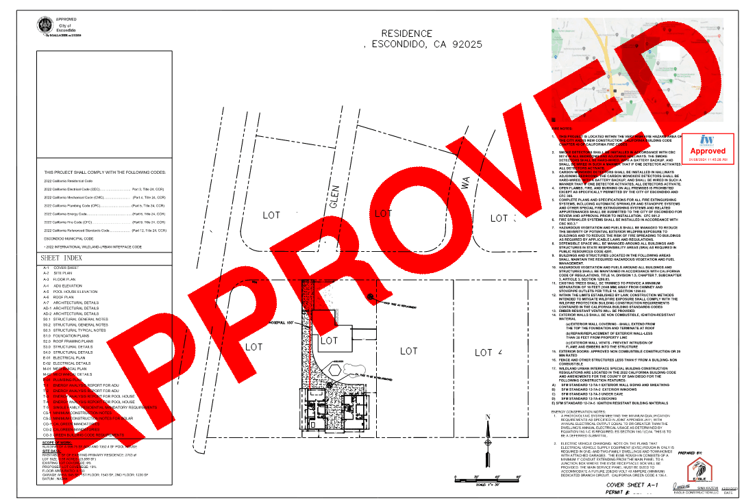 Permit-approved plan sheet 1, engineered and stamped by Eagle Construction & Engineering